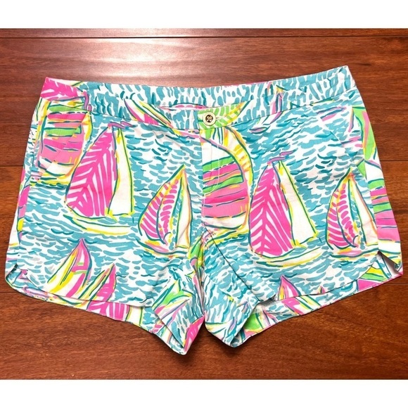 LILLY PULITZER Cotton Sailboat Print Mid Rise Colorful Nautical Adie Shorts 4 - Picture 3 of 7